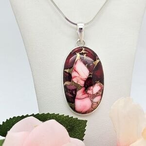 Red Rose Dahlia Gemstone Oval Pendant